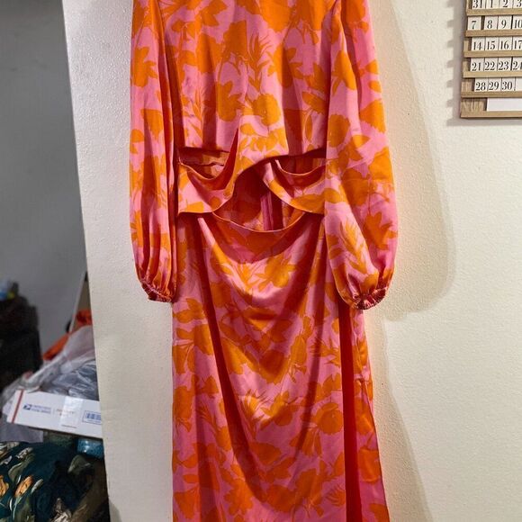 Like New Orange Floral Wrap Front Cutout Pink Midi Dress - Picture 2 of 8